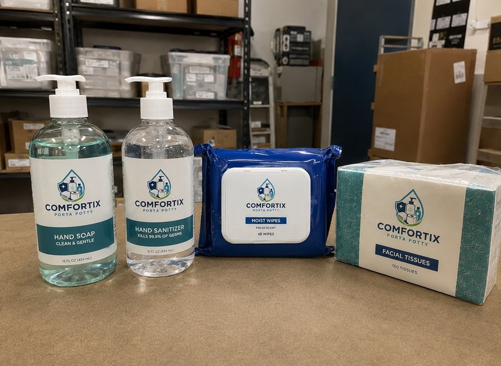 Comfortix Porta Potty hand soap, hand sanitizer, moist wipes and facial tissues lined up on the counter