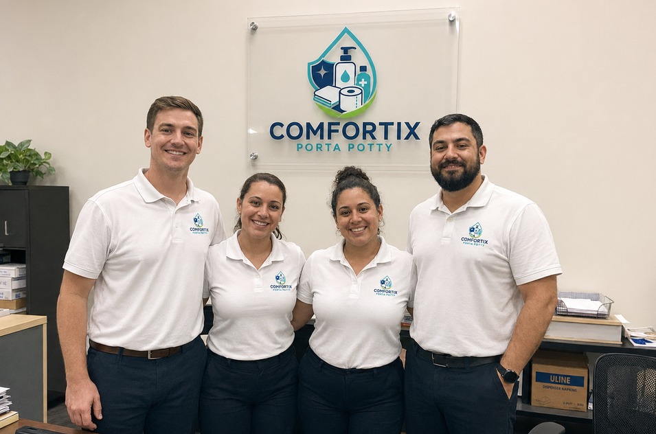 Four Comfortix Porta Potty staff members in branded polo shirts standing in front of the office logo sign