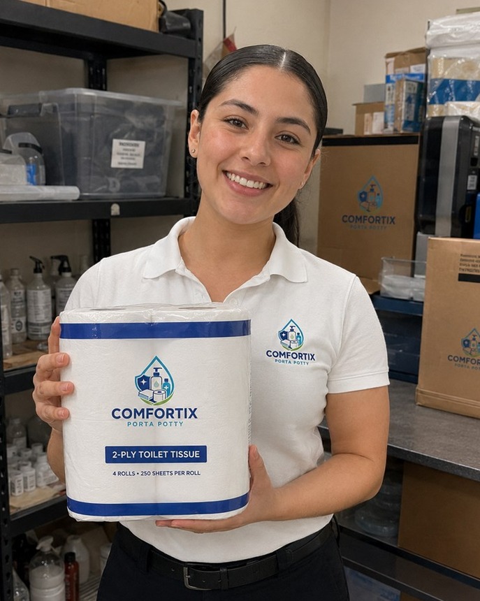 Four-roll pack of Comfortix Porta Potty 2-ply toilet tissue held at the store counter