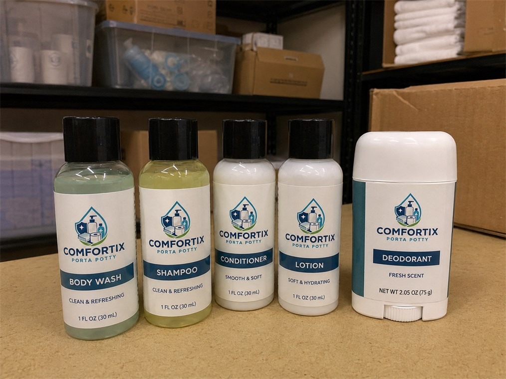 Comfortix Porta Potty travel-size body wash, shampoo, conditioner, lotion and deodorant stick
